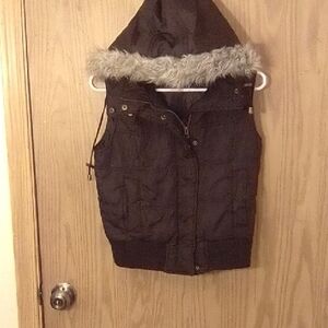 Women's Black Hooded Vest with Faux Fur Trim